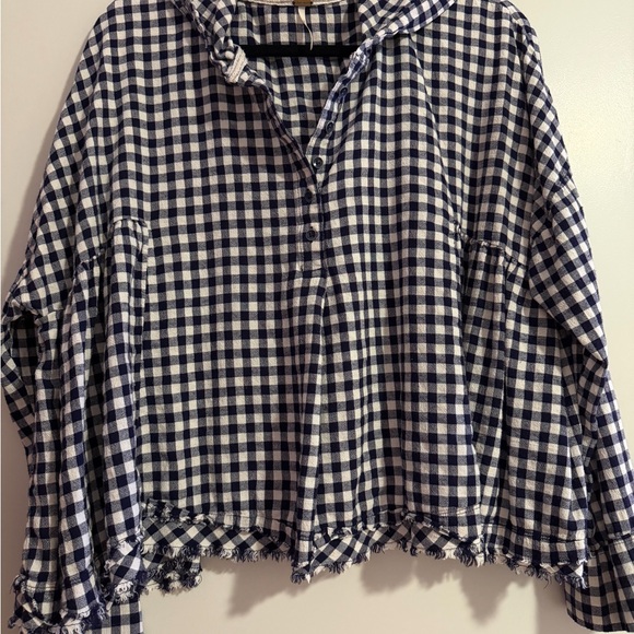 Free People Tops - Free People Blue and White Checkered Hooded Top